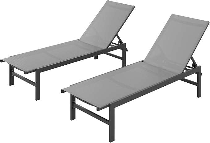 Outdoor Lounge Chairs Set of 2, Aluminum Patio Chaise Lounge Chairs with 5-Position Recliner, Pool Lounge Chairs for Backyard, Poolside, Deck, Lawn (Darkgray) Vexwalx