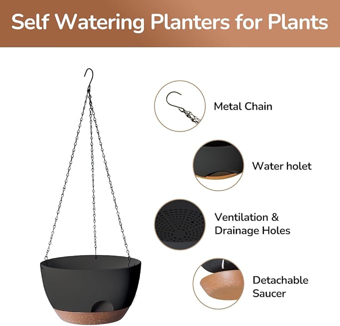 Set of 2-12 Inch Hanging Planter, Self-Watering Hanging Planters for Indoor Plants & Outdoor, Plant Hanger Indoor, Hanging Plant Pot with Drainage (Black) LesOasis