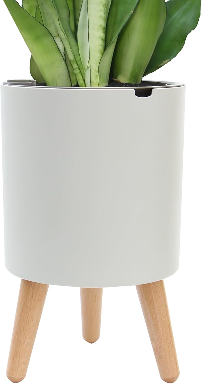 7.8 Inch Planter Pot with Solid Wood Legs, Self Watering Planter Pots with Water Shortage Alarm Planter Pot for Indoor Outdoor Modern Flower Planter for Home & Garden(White) Oliz