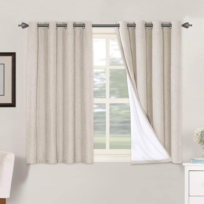 H.VERSAILTEX Linen Blackout Curtains 45 Inches Long 100% Blackout Thermal Insulated Textured Linen Look Curtain Draperies Anti-Rust Grommet, Energy Saving with White Liner, 2 Panels, Natural HVERSAILTEX