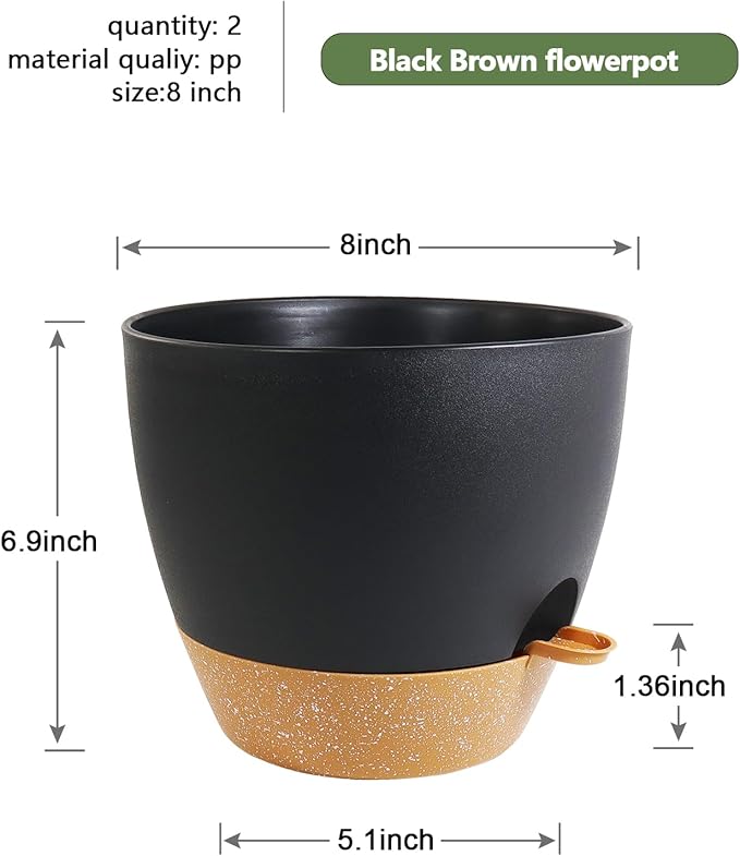 8 inch Self Watering Pots, 2 Pack Plastic Planters with Mesh Drainage Holes for Garden Plants and Flower, Plants Pots with Deep Reservoir for Indoor Outdoor Plants, Black with Brown WSMKSZ