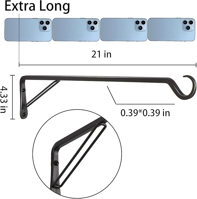 2 Pack Extra Long 21 Inch Heavy-Duty Rust-Resistant Solid Steel Plant Hangers and Bird Feeder Hangers for Indoor and Outdoor Decor, Wall Hooks YELOKIE
