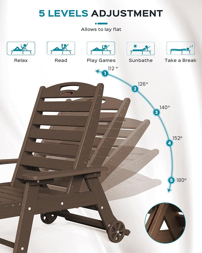 Ciokea Outdoor Lounge Chair Set of 4, All Weather Patio Chaise Lounge Chair for Outside, HDPE Chair with Rolling Wheels & Cup Holder, 5 Position, Deck, Pool, Dark Brown CIOKEA