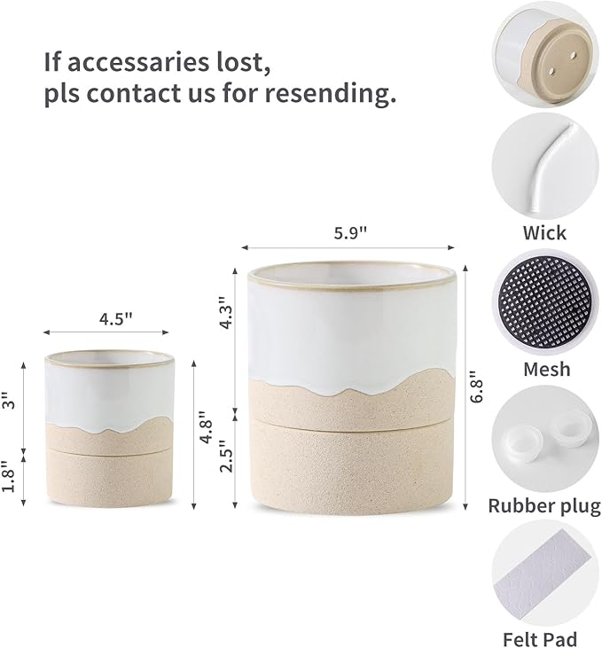 Nihow Self Watering Plant Pot for Indoor Plants: 4.5+6 Inch Ceramic Planter with Drainage Hole & Water Storage Plus - Cylinder Flower Pot with Wick for Herbs -White & Nature Nihow