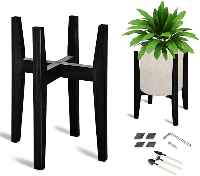 OERGKE Adjustable Plant Stand Indoor, Bamboo Mid Century Modern Plants Stands, Corner Flower Holder for Living Room, Fits 8 to 12 Inches Pots, (Pot & Plant Not Included)(Black, 1 Pack) OERGKE