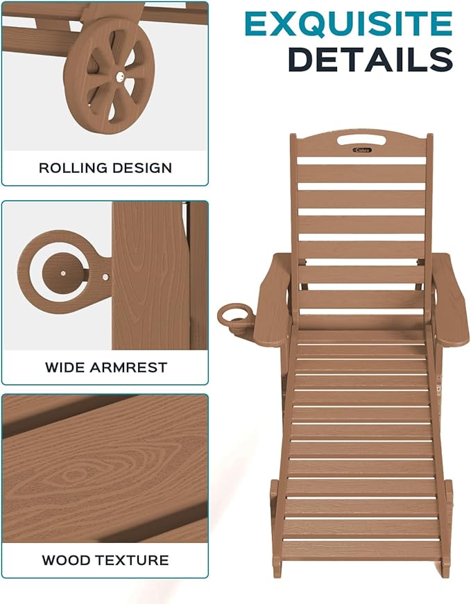 Ciokea Outdoor Lounge Chair Set of 4, All Weather Patio Chaise Lounge Chairs for Outside, HDPE Chair with Rolling Wheels & Cup Holder, 5 Position, Deck, Pool, Brown CIOKEA