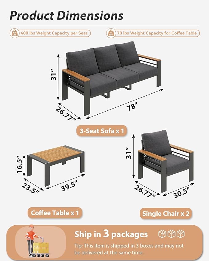Aoxun Aluminum Outdoor Patio Furniture Set, 5 Seats Outdoor Sectional with Coffee Table, Patio Conversation Sets with Upgraded Armrests and Cushions for Backyard, Garden and Poolside Aoxun