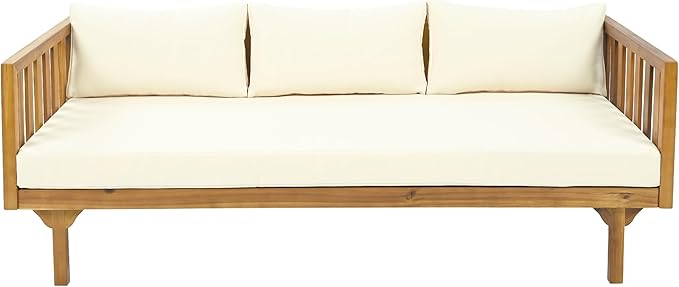 Christopher Knight Home Claremont Outdoor 3 Seater Acacia Wood Daybed with Fabric Water Resistant and Removable Cushions, Patio Garden Poolside Sofa with Slat Paneling Armrest and Back, Teak and Beige ChristopherKnightHome