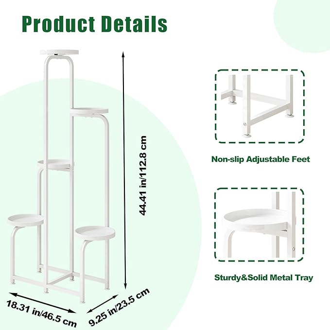 Plant Stand Indoor Outdoor 5 Tier Metal Plant Shelf for Multiple Plants Corner Flower Holders for Living Room Balcony Bedroom Patio Garden, Black (White, 5-Tier) INGIORDAR