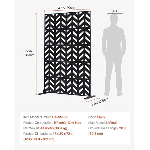 VEVOR Metal Privacy Screen, 47" W x 72" H, Outdoor Privacy Screens 5-Panel, Freestanding Outdoor Divider with Stand, Decorative Garden Steel Privacy Fence for Balcony Patio Indoor Room Black VEVOR