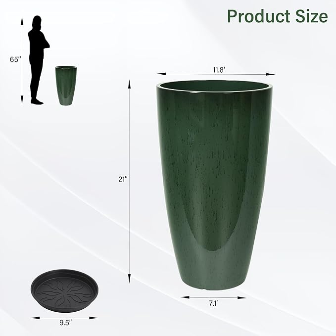 Set of 2 Lightweight Ceramic-Look Tall Planter, 21 inch Large Plastic Planter with Drain Hole & Saucers, Large Outdoor Planters for Porch, Garden, Patio, Balcony(Dark Green) Neoaider