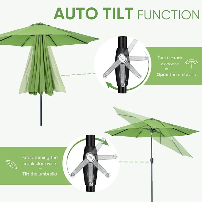 Tempera Patio Market Outdoor Table Umbrella with Auto Tilt and Crank, Large Sun Umbrella with Sturdy Pole & Fade Resistant Canopy, Easy to Set TemperaPatioLife