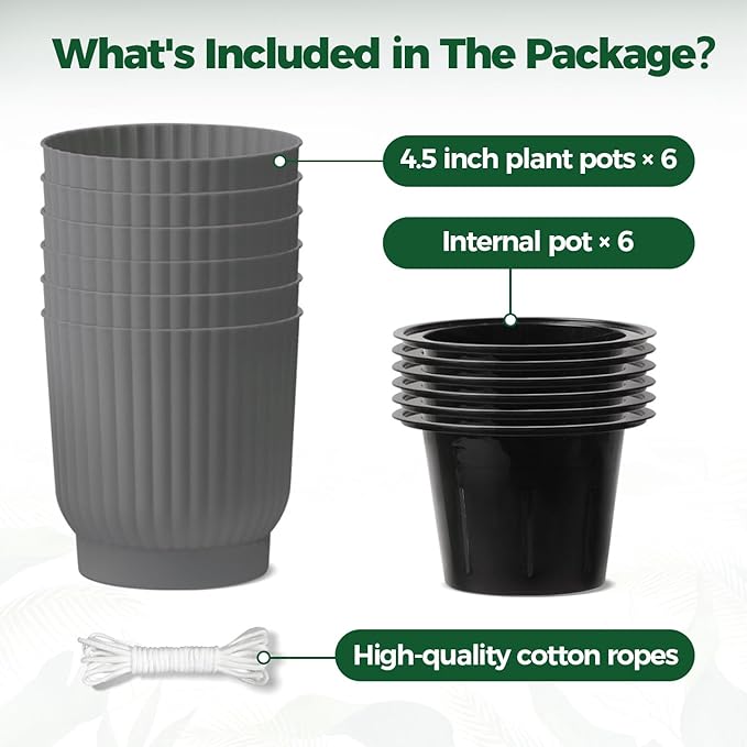 T4U 4.5 Inch Plant Pots Self Watering, 6 Pack African Violet Pots, Small Plant Pots for Plants, Small Indoor Plant Pot, Self Watering Planter for African Violet, Succulents (6 Pack 4.5" Pots, Gray) T4U