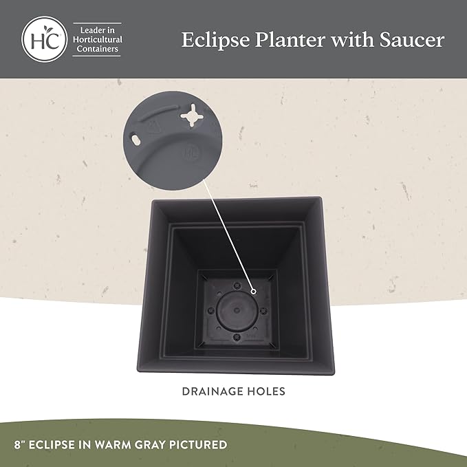 The HC Companies Eclipse Square Plastic Planter w/ Attached Saucer - Outdoor & Indoor Plant Pot with Drainage Holes - Lightweight, UV-Resistant Plastic Pots For Plants (8" Warm Gray, Pack of 1) TheHCCompanies