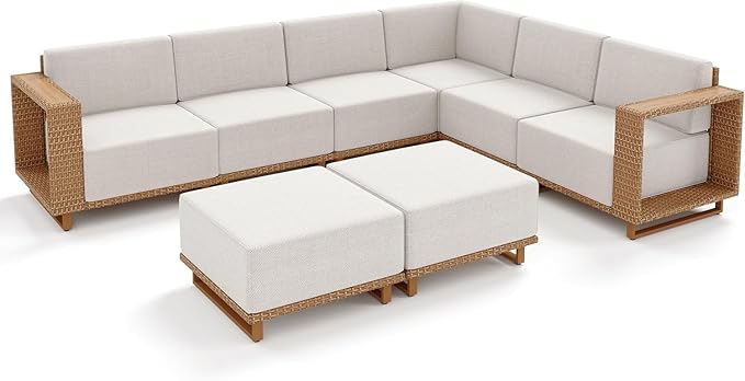 L Shaped Patio Furniture,Outdoor Rattan Wicker Sectional Sofa with 10''Ultra-Thick Cushions,All Weather Patio Conversation Set for Lawn Garden Backyard,Beige SUNSHINEVALLEY