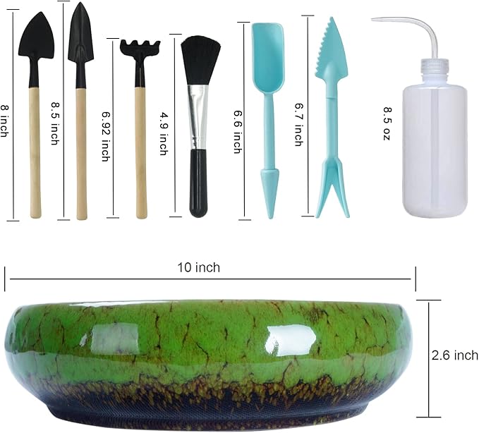 ARTKETTY Large Succulent Pots with Drainage 10 inch Succulent Planters with Planting Tools Set & 2.2lb Mix Pebbles - Ceramic Bonsai Pot for Indoor Succulent Plants Cactus Flower Planter ARTKETTY