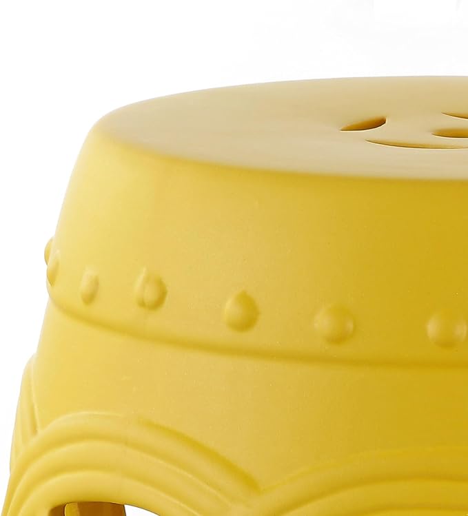 JONATHAN Y TBL1022E Lucky Coins 16" Chinese Ceramic Drum Indoor/Outdoor Garden Stool Bohemian, Coastal, Cottage, French Country, Traditional, for Living Room, Garden Room, Patio, Matte Yellow JONATHANY