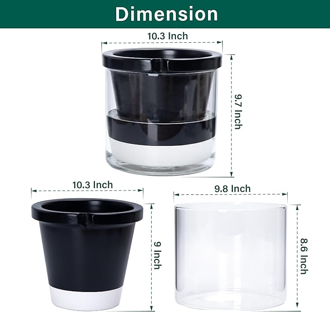 D'vine Dev 10 Inch Design Self Watering Planter for Indoor Plants, Black Terracotta Pot with Cylinder Glass Cup, 37-X-D-3 DvineDevPlanterPotsandStand