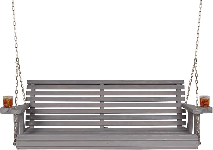 Amish Casual 5 Foot Roll Back Porch Swing with Cup Holders in Semi-Solid Grey Stain - Amish Made in The USA from Treated Pine Heavy Duty 700 Lb. Weight Capacity AmishCasual