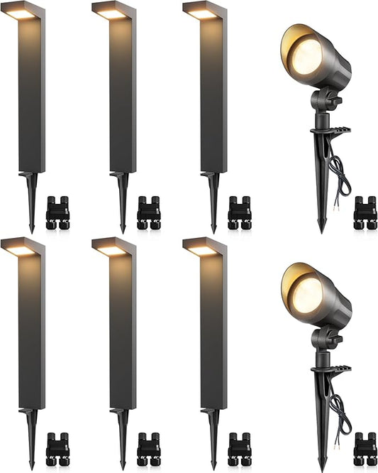 SUNVIE LED Low Voltage Landscape Lighting Kit 12V-24V Aluminum Low Voltage Landscape Lights Wired, 3000K Outdoor Pathway Lights Spotlights with Connectors Waterproof for Patio Yard Garden, 8 Pack SUNVIE