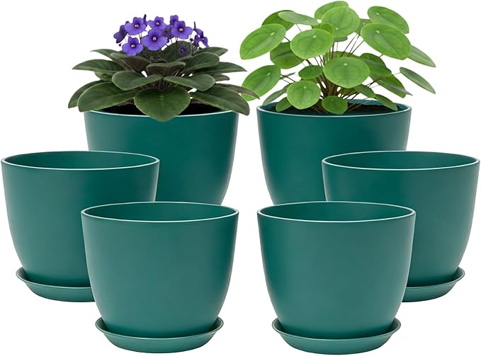 Plant Pots 8 Inch Set of 6, Flower Pots with Drainage Holes and Saucer, Plastic Garden Planters for Indoor & Outdoor Plants (Deep Green) Vanslogreen