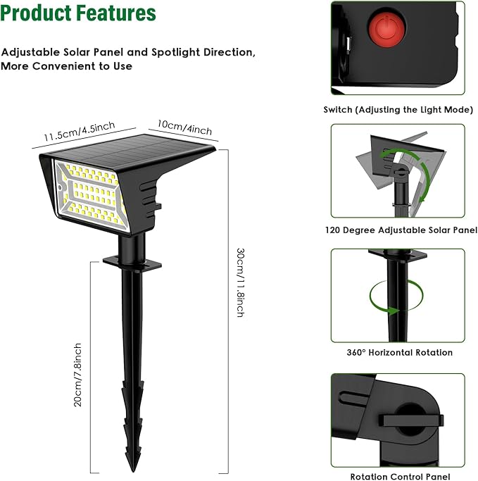 Solar Spot Lights Outdoor with 60 LED & Auto On/Off, 2 Pack Solar Lights Outdoor Waterproof IP68 with 3 Lighting Modes, 2-in-1 Solars Landscape Light for Outside, Garden, Yard(Cool White) Rootora