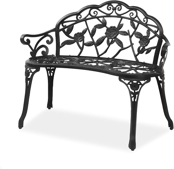 VINGLI 38.5" Patio Park Garden Outdoor Metal Rose Bench, 2-Person Cast Iron Cast Aluminium Frame Antique Finish Chair,Accented Lawn Front Porch Path Yard Decor Deck Furniture (Black, Rose) VINGLI
