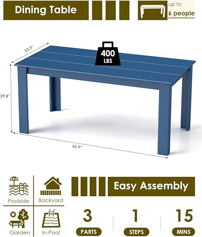 GREENVINES Outdoor Dining Table | 67’’ | HDPE | Rectangle Tables for 6 | All-Weather | Umbrella Hole | Patio Furniture | for Poolside Backyard Garden | Blue GreenVines