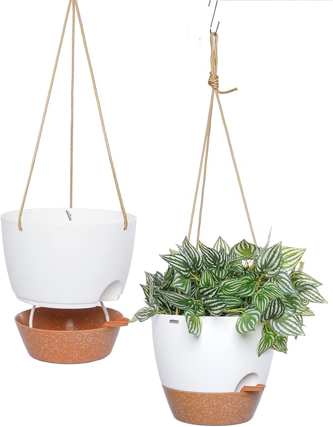 8 inch Hanging Planters, 2 Pack Self Watering Hanging Pots with 20oZ Deep Reservoir for Indoor Outdoor Plants Flowers, White with Brown SwinDuck
