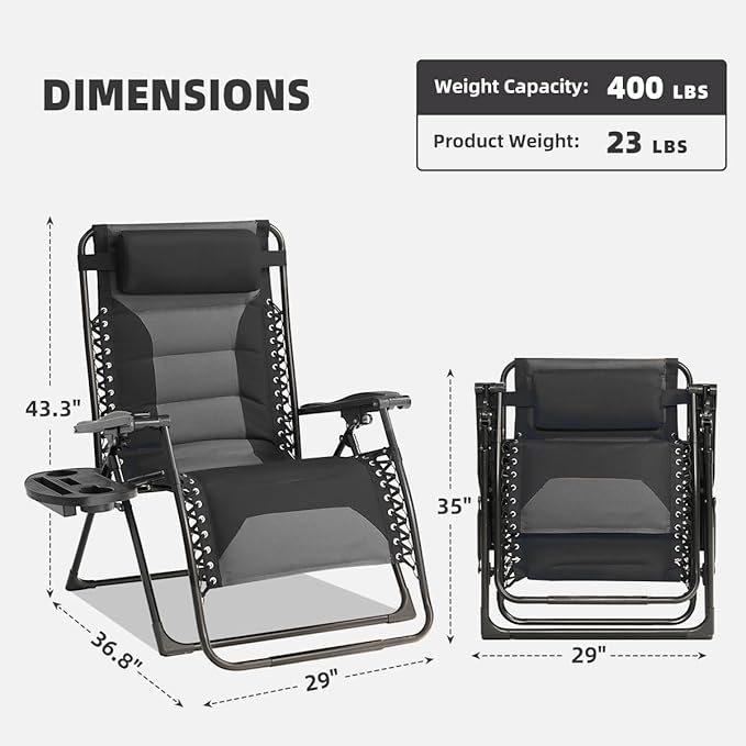 Zero Gravity Chair Oversized Padded Recliner with Adjustable Headrest & Cup Holder - XL 600D Oxford Folding Lounge Chair for Outdoor Camping, Patio, Poolside (Black & Gray) Rootora