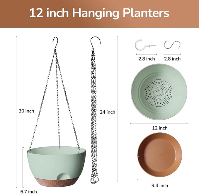 12 Inch Hanging Baskets for Plants Outdoor, Hanging Planters for Indoor Outdoor Plants, Hanging Planter with Self Watering, Hanging Flower Pots (Green) LesOasis