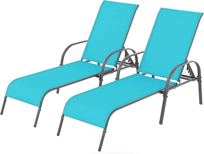 Giantex 2 Pack Patio Lounge Chair, Outdoor Chaise Lounge with 5 Adjustable Backrest, Sturdy Steel Frame, Sunbathing Recliner, Tanning Chair for Beach, Outside, Yard, Balcony, Pool Chairs (2,Turquoise) Giantex