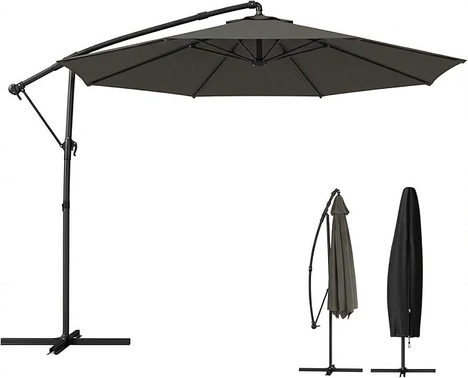 Outsunny 10 ft Offset Patio Umbrella with Cover, Round Hanging Cantilever Umbrella with 6-Position 360° Rotation, Crank Handle, Tilt, Cross Base, Heavy Duty Outdoor Umbrella for Garden Outsunny