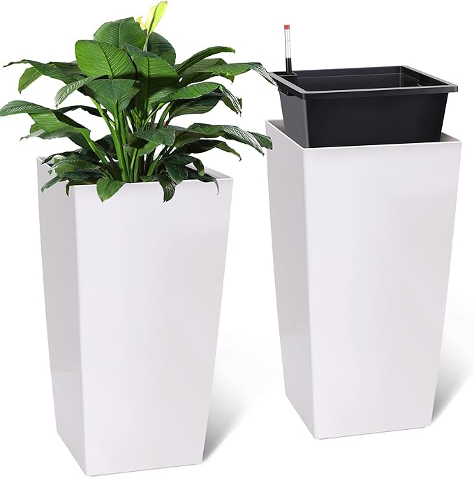 30 Inch Tall Self Watering Planters Set of 2, Outdoor Plant Pots with Automatic Watering System, Water Level Monitor, Drainage, Wheels & Inner Bucket, for Front Porch & Indoor Plants White Rootora