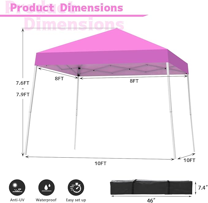 Canopy Tent, 10X10 FT Pop Up Canopy Outdoor Instant Tent Slant Legs with Carrying Bag, Portable Gazebo Shelter for Patio Deck Garden and Beach - 8X8 FT Canopy Cover (Pink) Oneofics