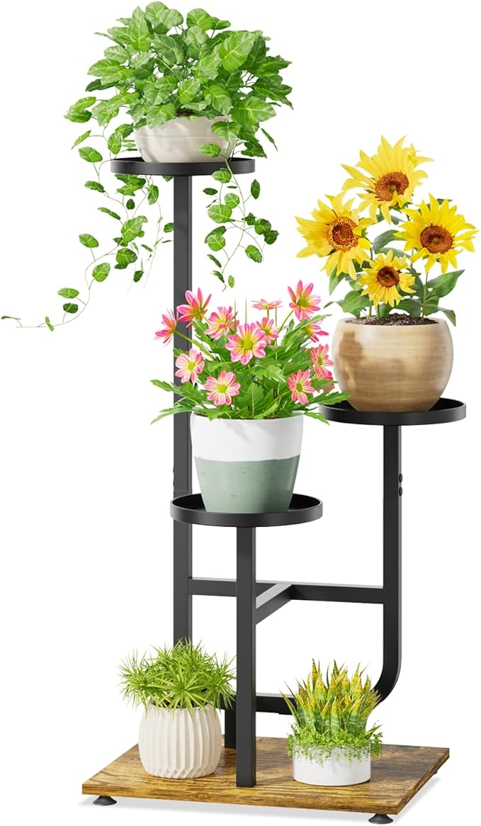 iDavosic.ly 3 Tier Plant Stand Indoor, Corner Tiered Multiple Flower Holder Shelf with Metal Trays, Orchid Display Wooden Rack for Patio Porch Living Room Balcony Outdoor, Modern Black & Rustic Brown iDavosicly