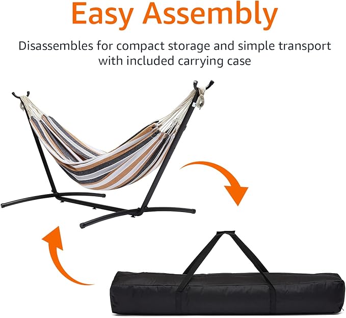 Amazon Basics Double Portable Hammock with Space Saving Steel Stand and Carrying Case, 2 Person, 470lb Capacity, Multi Color, 118" x 46" x 39" AmazonBasics