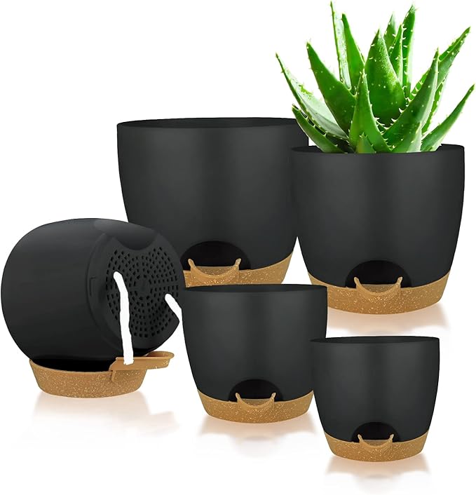 Self Watering Planters with Drainage Holes Reservoir,Nursery Planting Pot for Indoor Decor Garden Plants Succulents,Snake Plant, African Violet,Plastic Flower Pots Set 7+6.5+6+5.5+5 Inch (Black) STSTECH