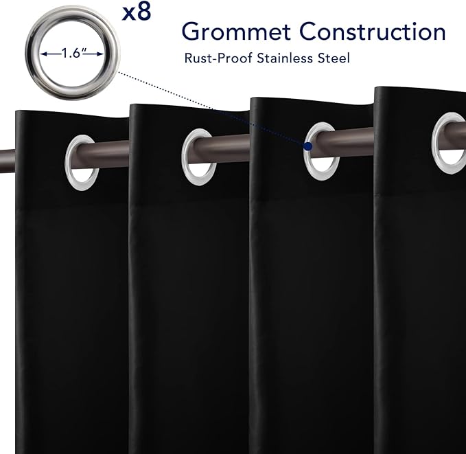 PureFit Outdoor Curtains for Patio Waterproof Weatherproof, UV Resistant Outside Curtains for Gazebo, Front Porch, Pergola, Sun Blocking Privacy Curtain, 52W x 95L inch, 1 Panel, Black PureFit