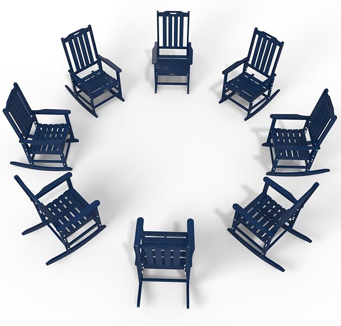 Oversized Rocking Chair Set of 8, Outdoor Rocking Chair for Adults, All Weather Resistant Porch Rocker for Lawn Garden, Navy Blue THOEOE