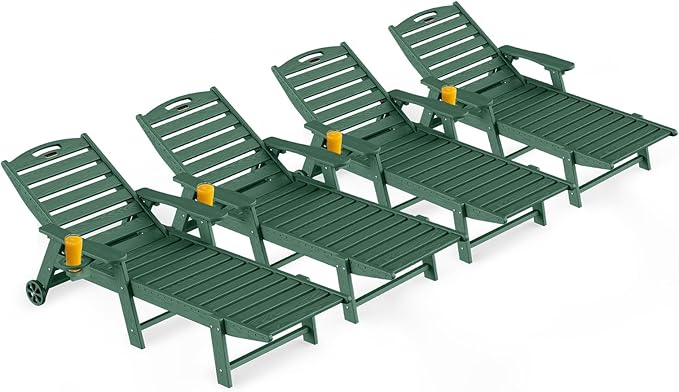 Outdoor Lounge Chair Set of 4, All Weather Patio Chaise Lounge Chair for Outside, HDPE Chair with Rolling Wheels & Cup Holder, 5 Position, Deck, Pool, Green CIOKEA