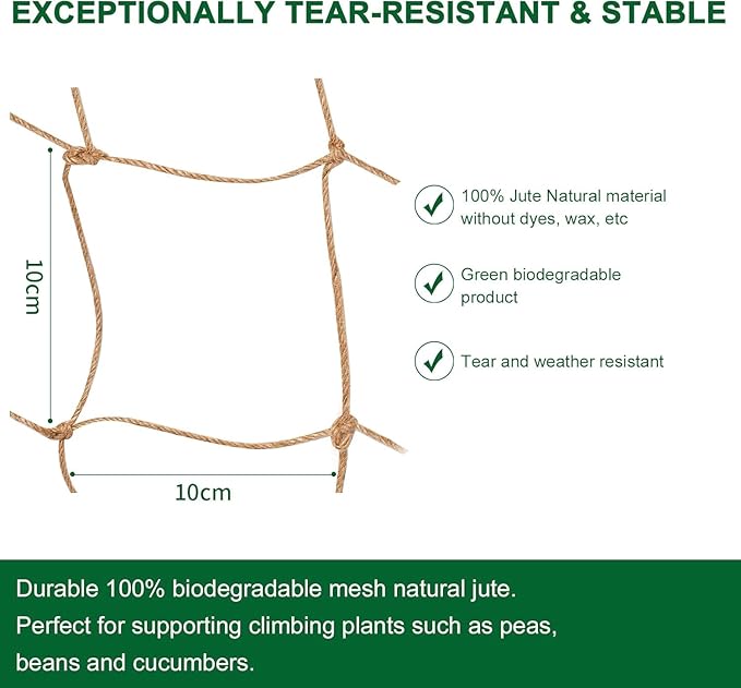 Jute Trellis Netting - Jute Netting for Garden, Heavy Duty Plant Support Netting for Climbing Plants, Cucumber, Vine, Fruits & Vegetables, Climbing Vining Plants (6.6 Ft x 32.8 Ft, 3.9 Inch Squares) Miuezuth