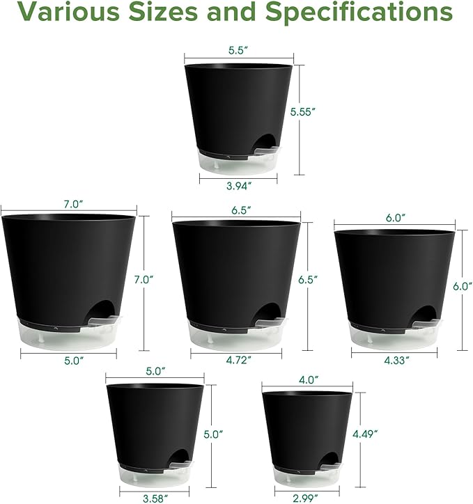 GARDIFE 2026 Upgraded Self Watering Plant Pots with Drainage Hole, 7/6.5/6/5.5/5/4 Inch Flower Planting Containers for House Plants, African Violet, Flowers, Cactus (Black, 7+6.5+6+5.5+5+4 inch) GARDIFE