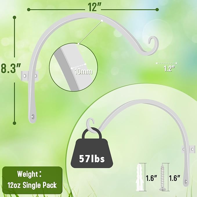 FEED GARDEN 2 Pack 12 Inch Hanging Plant Bracket Wall Hooks Decorative Plant Hangers for Outdoor Hanging Bird Feeders, Wind Chimes, Plant Baskets, White FEEDGARDEN