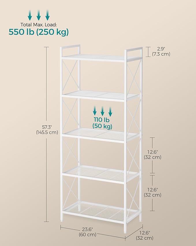 SONGMICS 5-Tier Metal Storage Rack, Shelving Unit with X Side Frames, Dense Mesh, 12.6 x 23.6 x 57.3 Inches, for Entryway, Kitchen, Living Room, Bathroom, Industrial Style, Cloud White UBSC165W01 SONGMICSbySONGMICSHOME