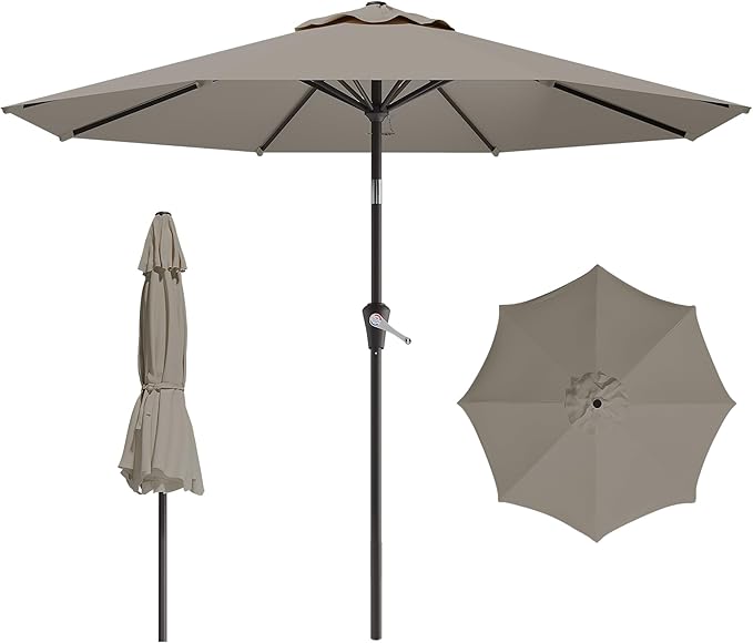 AreShark 9 FT Patio Umbrella for Outdoor, Outdoor Umbrella with Push Button Tilt and Crank, Outdoor Patio Umbrellas with 8 Sturdy Ribs for Market, Garden, Deck, Backyard, Pool (Mist Gray) Rootora