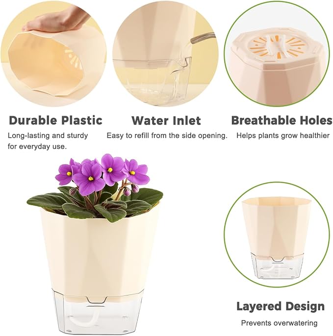 2 Pack Self Watering Pots for Indoor Plants, 8.4" Self Watering Planters Large African Violet Self Watering Clear Pots for Plants Large Herb Orchid Flower Houseplant, Ivory White Planterhoma
