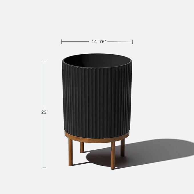 Veradek Demi Series Round Planter w/Stand for Porch/Patio | Durable Plastic-Stone Composite & Wooden Stand | Modern Décor for Tall Plants, Flowers VeradekOutdoor
