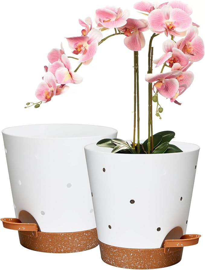 Orchid Pots with Holes, 6 Inch Self Watering Orchid Pot 2 Pack Plastic Plant Pots for Orchid, Flower (White+Brown) Vanslogreen