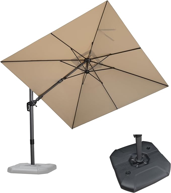 PURPLE LEAF 8.8' X 8.8' Right-left Tilt Patio Umbrella with Base Outdoor Cantilever Swivel Square Umbrella with Tilt Aluminum Offset Umbrella with 360-degree Rotation for Garden Deck Pool Patio Beige PURPLELEAF